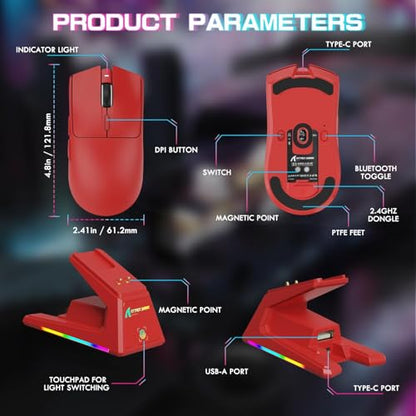 ATTACK SHARK X1 Ultralight Tri Mode Wireless 40000 DPI Gaming Mouse-Red | Magnetic RGB Charging Dock,PixArt PAW3395 Pro Sensor,BT/2.4Ghz/Wired,1K Polling,Optical Micro Switch,Driver for PC Mac Gamer - color: Red