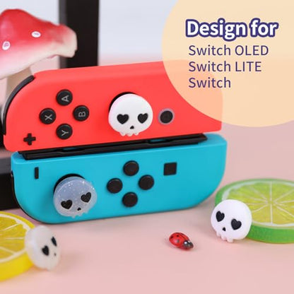 Switch Joycon Thumb Grips Caps, 4 PCS Cute Kawaii 3D Silicone Analog Thumbstick Button Cover Compatible with Nintendo Switch Lite/OLED Joystick Caps (White+Clear Skull) - color: White+Clear Skull