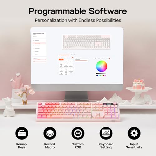 EPOMAKER TH108 V2 PRO Full Size Mechanical Keyboard with Screen&Knob, 10000mAh, BT/2.4Ghz, Mac Modifier PBT Keycap, Hot Swap, RGB, Gasket, Wireless Gaming Keyboard for Mac/PC (Pink, Sea Salt Silent) - color: Pink, size: Sea Salt Silent