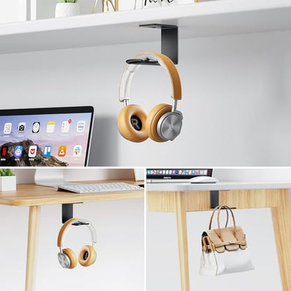Headphone Stand Hanger,Headset Holder Mount,Aluminum Hook with Strong Adhesive Tape for Headphones (H02-Black-1PCS)