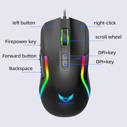 Wired Gaming Mouse, 8 Programmable Buttons with Rapid Fire Key, Adjustable DPI, RGB Backlit, On-Board Memory, Ergonomic Optical Mouse for PC Windows Mac