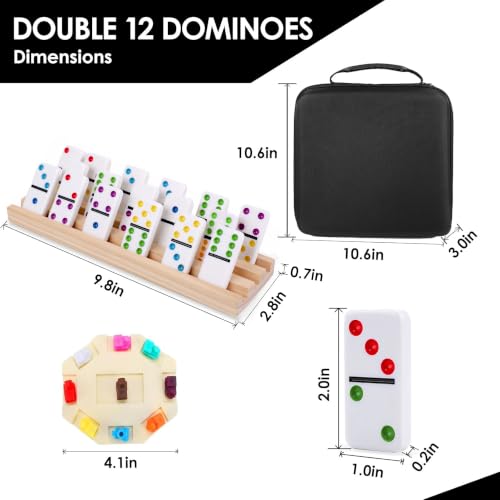 Mexican Train Dominoes Double 12, 91 Dot Tiles, 8 Racks & Hub | Colorful Dot Tiles, Wooden Racks, Center Hub, Portable Case, Great for Family Game Nights & Party Games - style: Double 12 Dot + 8 Racks