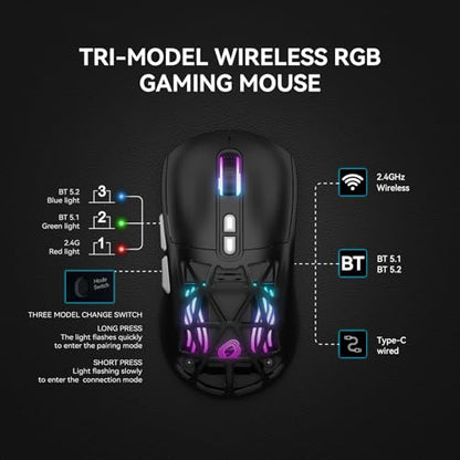 FD Wireless Gaming Mouse,Rechargeable RGB Programmable Macro Mouse,10000 DPI,Tri-Mode 2.4GHz/BT 5.0 with Wired,3.7V 500mAh Built-in Battery for Laptop Desktop PC MacBook Chromebook - Black