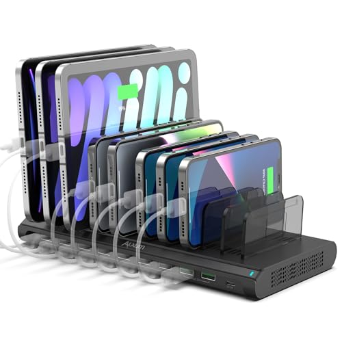 Alxum USB Charging Station, Fast 120W 10 Port Phone Tablet Charging Station for Multiple Devices with Type C/2 QC 3.0 Port for iPad/iPhone/Galaxy/Kindle/Fire, Devices Organizer, UL Certified, Black - size: 120W (10 Ports)