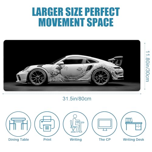 Sports Car Gaming Mouse Pad, Desk Mat, Large Mousepad with Stitched Edges Non-Slip Rubber Base, XL Extended Computer Keyboard Pad, Office&Home, 31.5x11.8in, Black Kanagawa Wave - color: Sports Car