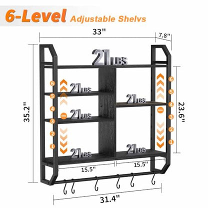 34" 6-Tier Adjustable Gaming Shelf, Wall Mount Floating Console Storage with LED Lights, Hanging Rod and 6 S-Hooks for PS5 Xbox Bedroom Display, Black