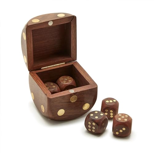 Two's Company Wood Crafted Dice Box with 6 Dice, Acacia Wood, 2.5-inches Square, Brown