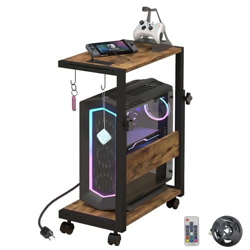Computer Tower Stand with LED Light Strip,Mobile Rolling | CPU Holder,Height Adjustable PC Tower Stand with Charging Station for Office Home (Rustic Brown) - color: Rustic Brown, size: 19.29'' × 11.42'