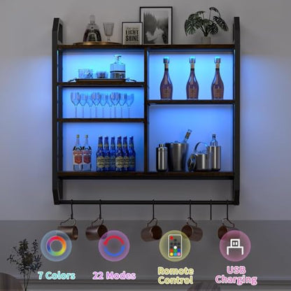 34" 6-Tier Adjustable Gaming Shelf, Wall Mount Floating Console Storage with LED Lights, Hanging Rod and 6 S-Hooks for PS5 Xbox Bedroom Display, Black