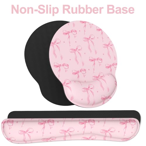 Ergonomic Mouse Pad with Wrist Rest and Keyboard Wrist Rest, Mousepad and Wrist Rest for Computer Keyboard, Non-Slip Rubber Base, Mouse Pad Wrist Support for Gaming, Pink Bow - color: Pink Bow
