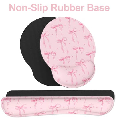 Ergonomic Mouse Pad with Wrist Rest and Keyboard Wrist Rest, Mousepad and Wrist Rest for Computer Keyboard, Non-Slip Rubber Base, Mouse Pad Wrist Support for Gaming, Pink Bow - color: Pink Bow