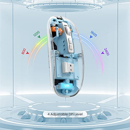 A.JAZZ Wireless Bluetooth5.1&2.4G Mini Lightweight Mouse,Transparent Clear Cool,Rechargeable Silent Computer Mice,Nano USB C Receiver,LED Battery Magic Silm for Office/PC/Mac/Laptop/Apple/ipad(Blue) - color: Blue