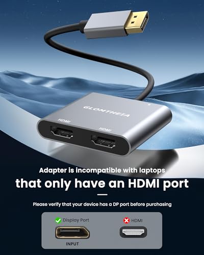 4K 60Hz DisplayPort to Dual HDMI Adapter, MST Splitter for Dual Monitor Extender, Supports Extended & Mirror Mode, Plug and Play, USB Power Cable Included