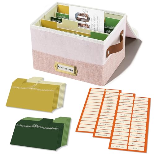 Vienrose Greeting Card Organizer Box, Foldable Storage Box with 20 Removable Dividers and 84 Self-Adhesive Labels, Card Box for Greeting Cards Photos Envelopes Stickers Postcards, Light Pink&Lotus - color: Light Pink & Lotus