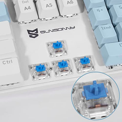 Merdia Full Size Wired Mechanical Gaming Keyboard | Blue Switch Led Backlit 104 Keys US Layout Mechanical Computer Keyboards | Hot Swappable Blue & White Keycaps Light Up PC Gaming Keyboard - color: Blue Switch Blue & White