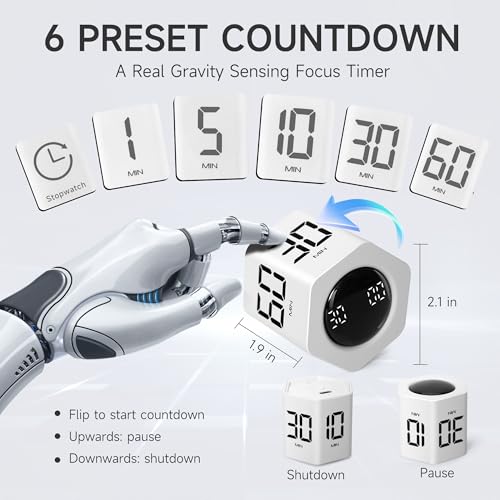 Productivity Timer 1, 5, 10, 30, 60 Minutes Preset, Desk Cube Timer with Gravity Sensor/Mute/Vibration for ADHD, Work, Study, Kitchen, Back to School (White) - color: White