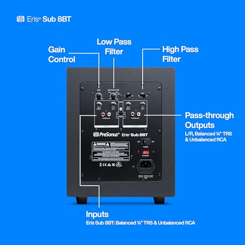 PreSonus Eris Sub 8BT — 8" Inch Powered Subwoofer, Powered Sub, Active Subwoofer, Wireless, Bluetooth, Home Audio, Bass Speaker, Home Theater, Music Production, Gaming | 8 Woven Glass-Fiber Driver, 100W Class-Ab Amp, Low-Pass 50-130 Hz, High-Pass 80 Hz -
