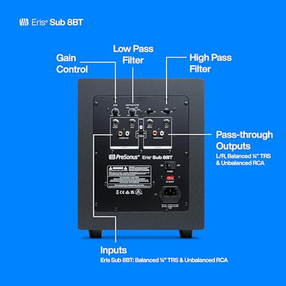 PreSonus Eris Sub 8BT — 8" Inch Powered Subwoofer, Powered Sub, Active Subwoofer, Wireless, Bluetooth, Home Audio, Bass Speaker, Home Theater, Music Production, Gaming | 8 Woven Glass-Fiber Driver, 100W Class-Ab Amp, Low-Pass 50-130 Hz, High-Pass 80 Hz -