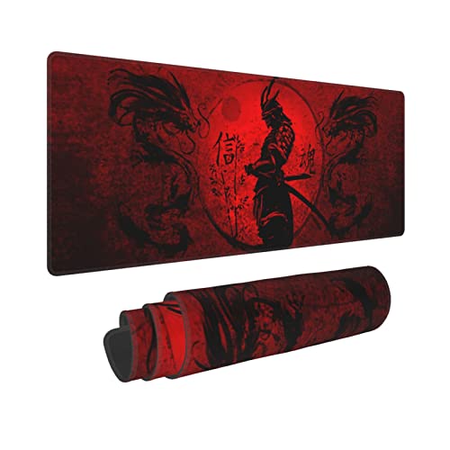 Japanese Samurai Mouse Pad XL Extended Desk Mat, Computer Mousepad | Cool Anime Red And Black Dragon Non Slip Rubber, Base Stitched Edge, Gaming Pc Large Mice Pad 31.5 x 11.8 Inch - color: Black5