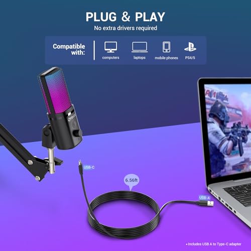 Gaming USB Microphone, RGB Condenser mic with Mute, Gain, Monitoring, Boom Arm for Streaming, Podcast, Twitch, YouTube, PC, Computer, PS5, (M160+) - style: Mic with Boom Arm