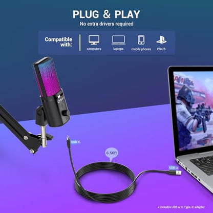 Gaming USB Microphone, RGB Condenser mic with Mute, Gain, Monitoring, Boom Arm for Streaming, Podcast, Twitch, YouTube, PC, Computer, PS5, (M160+) - style: Mic with Boom Arm