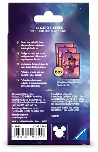 Ravensburger Disney Lorcana TCG Card Sleeves Featuring Mickey Mouse - Wayward Sorcerer | 65 Protective Sleeves for TCG Decks | Ages 8+