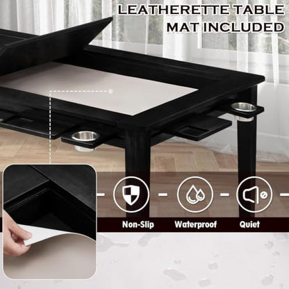 63"x39" Board Game Table with Removable Top Solid Wood Dining/Gaming Table | Gaming Table for 4-6 Players with Play Mat, 6 Detachable Cup Holders & 6 Hobby Trays (Black) - color: Black