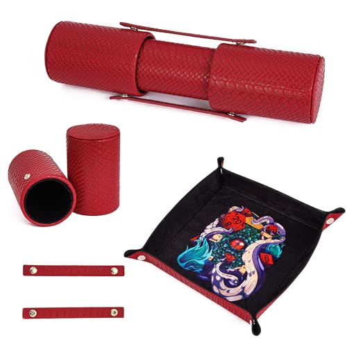 3 in 1 PU Leather Dice Rolling Tray with Two Dice Cup Set, Portable Folding DND Dice Trays for RPG Board Games and Pub Party Games - color: Red