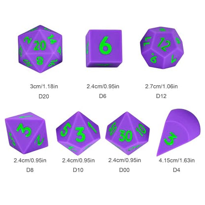 7-Piece Jumbo Silicone DND Dice Set, 25mm Oversized D&D Dice | Round Edges Soft Perfect Bouncer Compatible with Dungeons and Dragons RPG Bar Pub Club Party Games - color: Purple W/Green Numbers