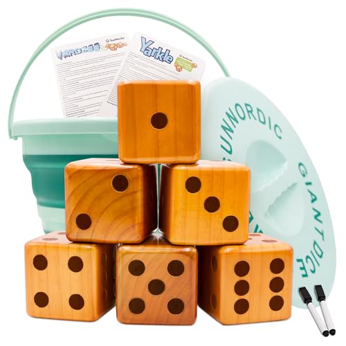 SunNordic Giant Dice Yard Game – 6 Large Wooden Outdoor Dice Set with Scoreboard & Portable Collapsible Bucket – Classic Backyard Lawn Game for Adults, Kids & Family