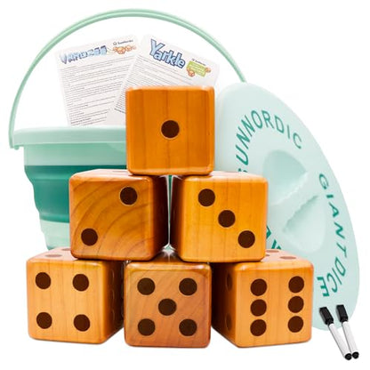 SunNordic Giant Dice Yard Game – 6 Large Wooden Outdoor Dice Set with Scoreboard & Portable Collapsible Bucket – Classic Backyard Lawn Game for Adults, Kids & Family