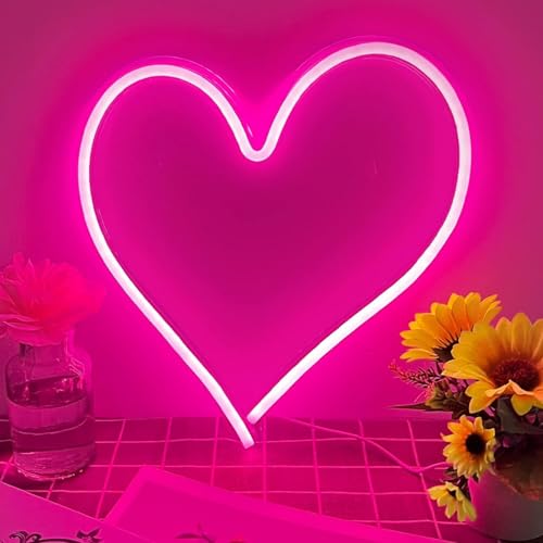 Pink Heart Neon Sign, Neon Heart Light for Wall Decor, Love Hearts LED Light up Sign 13.4×13 Inch Dimmable USB Powered Romantic Light Sign for Bedroom Valentine's Kids Room Wedding Party Decoration - color: L-Heart