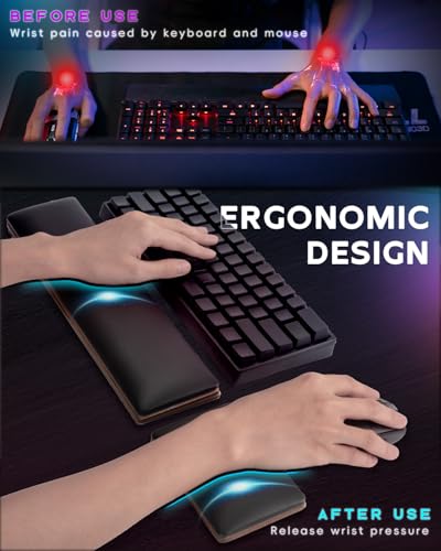 ASFSKY RGB Keyboard and Mouse Wrist Rest Set for 60%-75% Compact Keyboards – Ergonomic Wooden Support Pad with PU Leather & Memory Foam, Anti-Slip Rubber Base for Gaming, Office & Typing Pain Relief - style: RGB