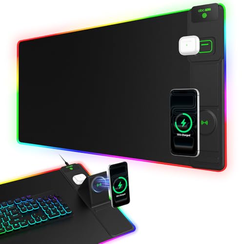 RGB Gaming Mouse Pad with Magnetic Wireless Charging & Foldable Phone Stand | 31.5"x15.8" XXL Large LED Mousepad with Stitched Edges, Ultra-Smooth Waterproof Surface, 25 Lighting Effects, Non-Slip Base - color: RGB-Magnetic Stand-31.5"x15.8"-Right
