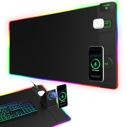 RGB Gaming Mouse Pad with Magnetic Wireless Charging & Foldable Phone Stand | 31.5"x15.8" XXL Large LED Mousepad with Stitched Edges, Ultra-Smooth Waterproof Surface, 25 Lighting Effects, Non-Slip Base - color: RGB-Magnetic Stand-31.5"x15.8"-Right
