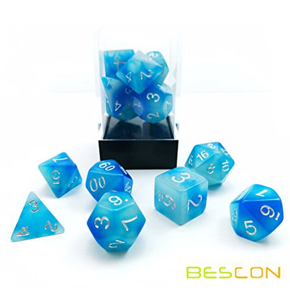 Bescon Gemini Glowing Polyhedral Dice 7pcs Set ICY Rocks, Luminous RPG Dice Set d4 d6 d8 d10 d12 d20 d%, Brick Box Packaging - color: Icy Rocks