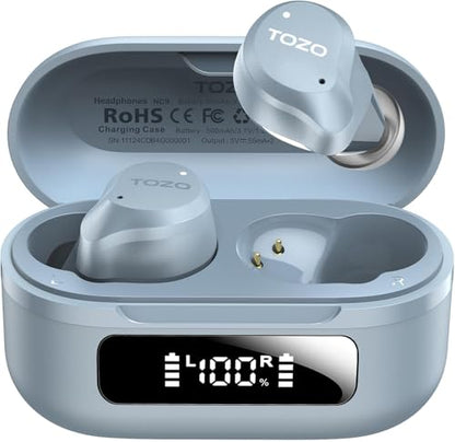 TOZO NC9 Hybrid Active Noise Cancelling Wireless Earbuds, 60H, LED Display | 6 Mic ENC Clear Calls, Deep Bass Sound, IPX8 Waterproof, in Ear Bluetooth 5.3 Headphones,32 EQs via APP, Comfort Fit Ear Buds - color: Dusty Blue