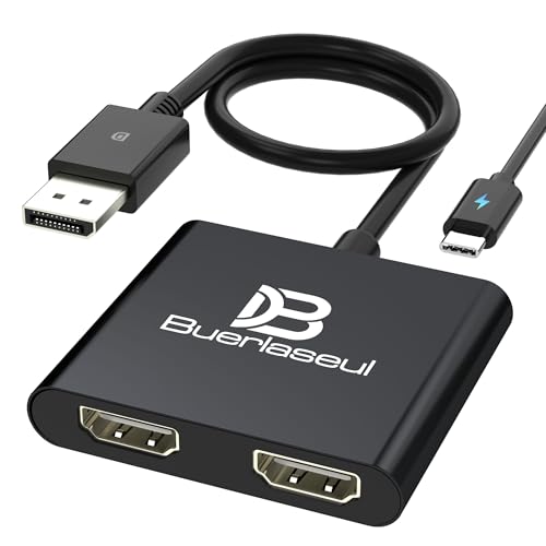 DisplayPort to Dual HDMI Splitter 4K@60Hz, USB-C Powered, DisplayPort 1.4 MST Hub DP to HDMI 1 in 2 Out Splitter for Dual Monitors Extended/Clone Mode for Desktop PC Graphics Card Home Office Gaming - color: Black
