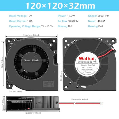 Wathai IP67 12V DC 120mm Waterproof Centrifugal Blower Fan Brushless 2Pin | Dual Ball Brushless Motor 5inch 2Pin High Airflow for DIY Inflatable or Exhaust Cooling - size: 120x32mm