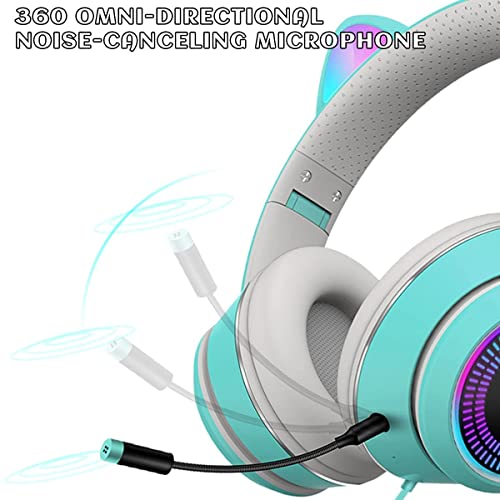 Cat Ear Gaming Headphones Wired AUX 3.5mm with LED Light, VIGROS Flashing Stereo Game Headphones Surround Sound Over-Ear Headsets with Microphone Fit Kids & Adult for PC, PS4, Switch, Mobile, Laptop - color: Light Blue