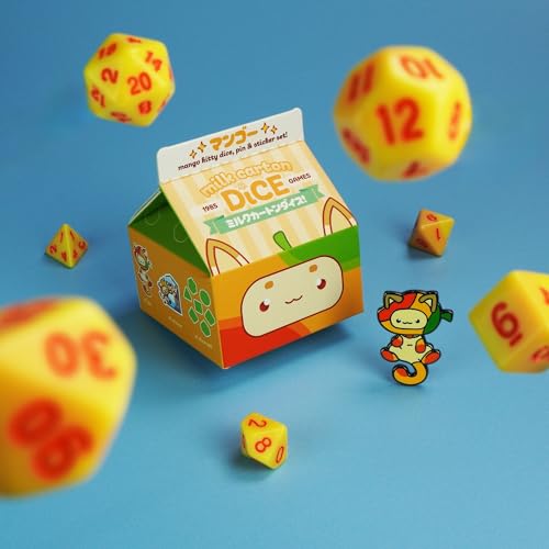 1985 Games Mango Milk Carton Dice Set – Milk Carton-Inspired Dice for DND | TTRPGs & Tabletop Roleplaying - color: Mango