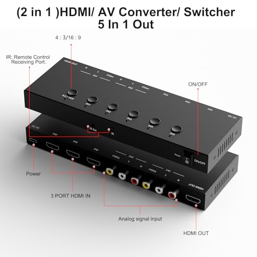 Dingsun 5In-1Out Converter, 3 Way HDMI 2.0 to HDMI Switcher + 2 Way RCA to HDMI Converter for Fire Stick，ROKU, N64, NGC, Wii, PS2/3/4/5, Xbox Series, Xbox ONE, Switch ect. - style: 5in-1out(2*RCA +3*HDMI to HDMI)Converter