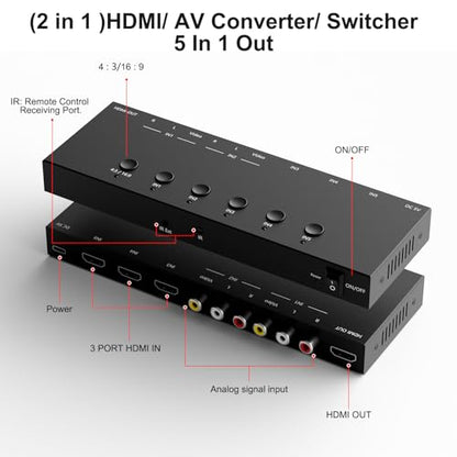 Dingsun 5In-1Out Converter, 3 Way HDMI 2.0 to HDMI Switcher + 2 Way RCA to HDMI Converter for Fire Stick，ROKU, N64, NGC, Wii, PS2/3/4/5, Xbox Series, Xbox ONE, Switch ect. - style: 5in-1out(2*RCA +3*HDMI to HDMI)Converter