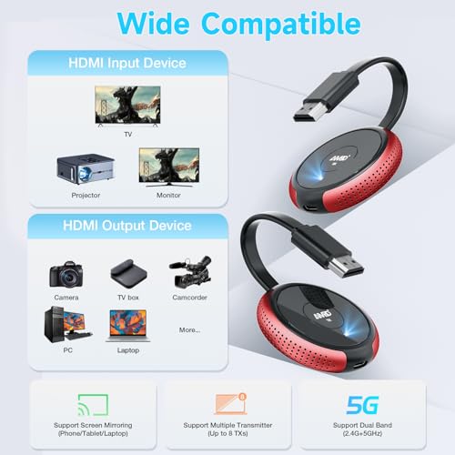 TIMBOOTECH Wireless HDMI Transmitter and Receiver 4K, Casting 5G Stable Video/Audio Wireless HDMI Extender Kit for PC, Laptop, Camera, TV Box, Smartphone, PS5 to Monitor, Projector, HDTV 165FT/50M - color: Red