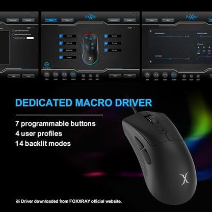 FOXXRAY SM-91 RGB Gaming Mouse, 60g Ultra-Lightweight Wired Mouse, 7200 DPI, 7 Programmable Buttons, Anti-Slip Side Grips, 6ft (1.8m) Braided Cable, Ergonomic Gaming Mouse for Windows/PC/Laptop
