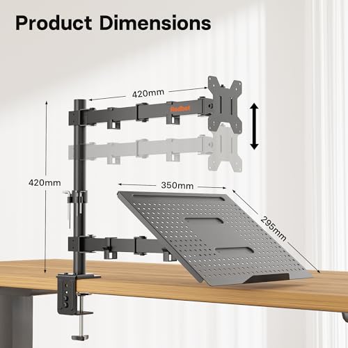 Redbat Monitor and Laptop Mount Stand, Fully Adjustable Monitor Arm with Vented Tray for 13" to 32" LCD Screens and Notebook up to 16", Holds up to 22lbs, VESA Compatible, Dual Mounting Options | Fully Adjustable Monitor Arm with Vented Tray for LCD Scree