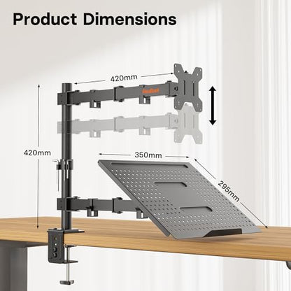 Redbat Monitor and Laptop Mount Stand, Fully Adjustable Monitor Arm with Vented Tray for 13" to 32" LCD Screens and Notebook up to 16", Holds up to 22lbs, VESA Compatible, Dual Mounting Options | Fully Adjustable Monitor Arm with Vented Tray for LCD Scree