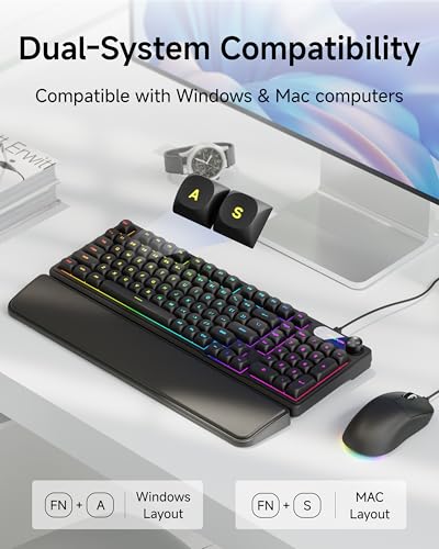 EWEADN Wired Keyboard and Mouse Combo with Detachable Wrist Rest, Quiet Ergonomic Keyboard Mouse Set with Multimedia Knob, RGB Backlit, Double-Shot Keycaps Natural Typing for Laptop, PC - Black - color: Black