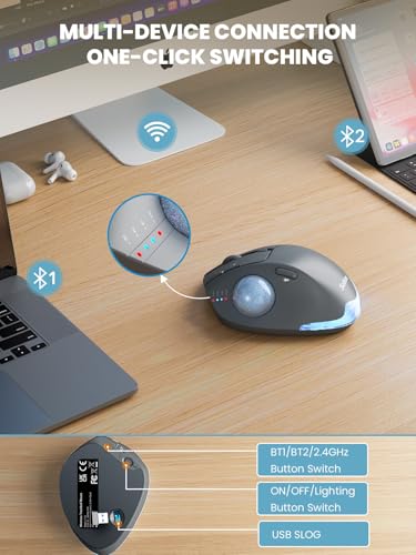 Wireless Trackball Mouse, Adjustable Angle Rechargeable, Backlit-Gray Mouse | MAM1 Pro Ergonomic Mouse Rollerball Thumb mice with 5 Level DPI, 3 Devices Connection (USB & Bluetooth ) for PC, Windows - color: Gray Mouse