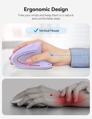 TECKNET Ergonomic Mouse Wireless, Rechargeable Vertical Mice Right Hand | Bluetooth+2.4GHz USB, Multi Device, 4800 DPI Adjustable, Optical Carpal Tunnel Mouse for Laptop, PC, MacBook, Light Purple - color: Light Purple